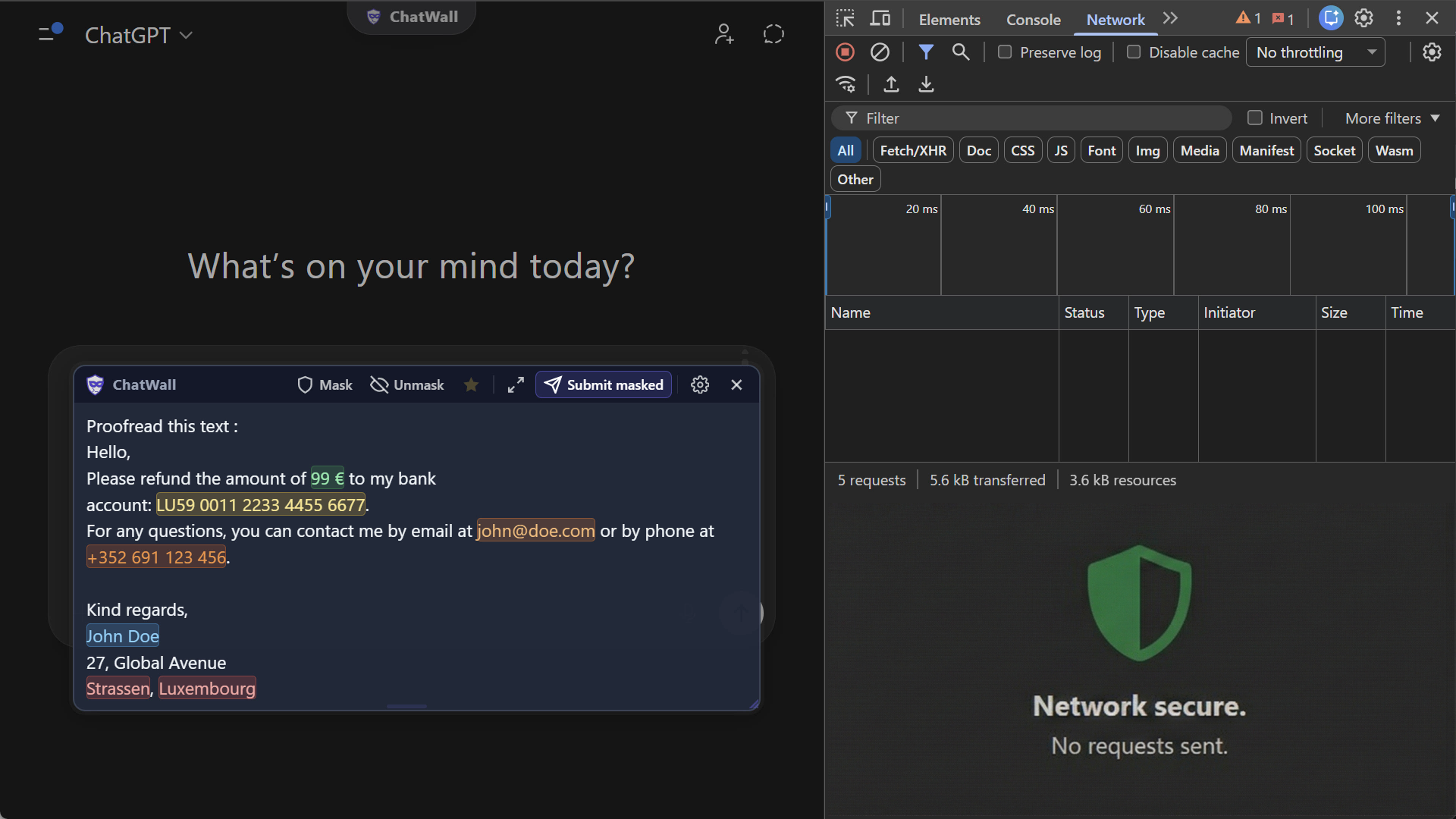 Browser DevTools Network tab — zero outgoing requests during masking